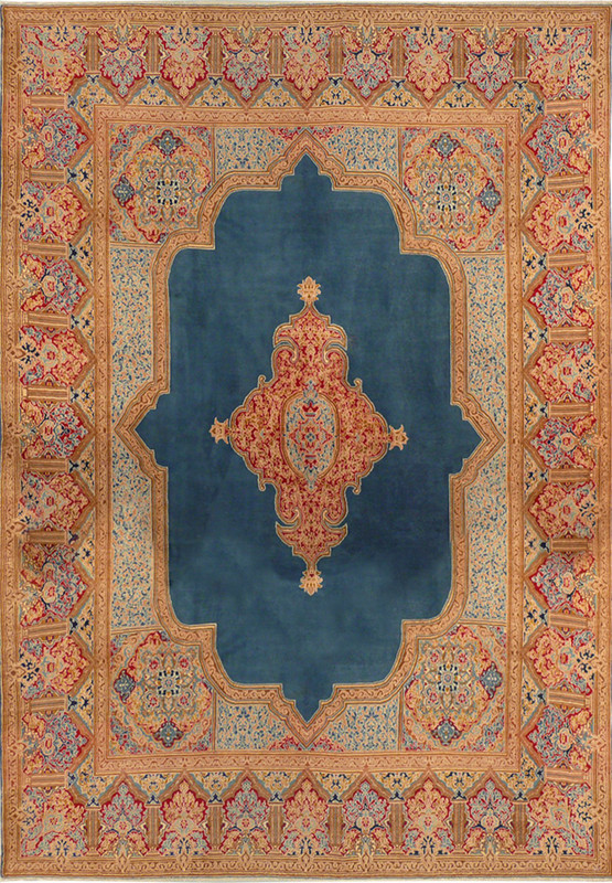 9 x 13 Persian Kerman Rug Royal Blue Corner Medallion