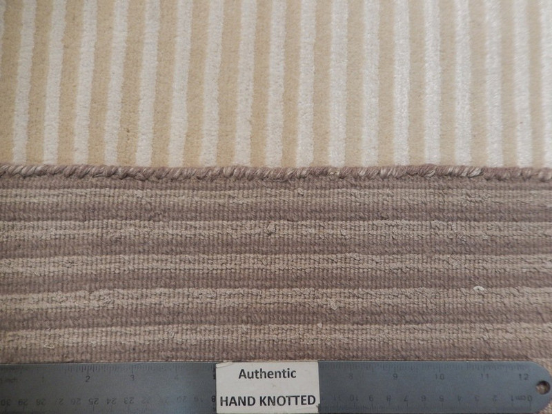 8x10 Modern Cream Brown Striped Ivory Wool & Silk Handmade Rug