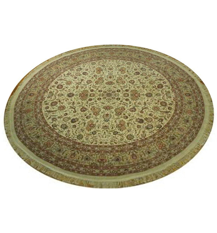 10 x 10 Round Oriental Tabriz All Over Ivory Design Wool & Silk Rug