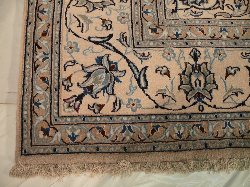 Border detail with dark blue vine motifs framed by ivory guard bands