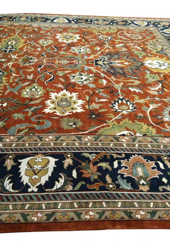 Close-up of the central medallion on an Oriental Serapi Palace Rug showcasing the detailed handwoven patterns and vibrant colors.