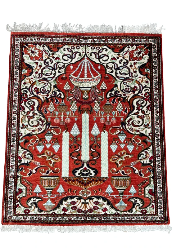 Over the top fill view of this persian qum pictorial rug, handmade with pure silk showcasing persian culture