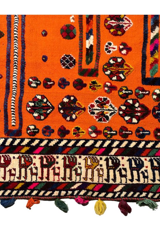 Full display of a handwoven 3'9" x 5'8" Persian Qashqai Horse Rug with tassels and tribal symbols