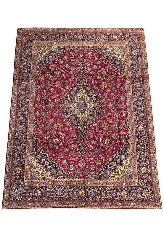 Full view of a traditional 9'7 x 12'8  Persian Kashan rug laid out, showcasing its rich burgundy base and detailed borders.