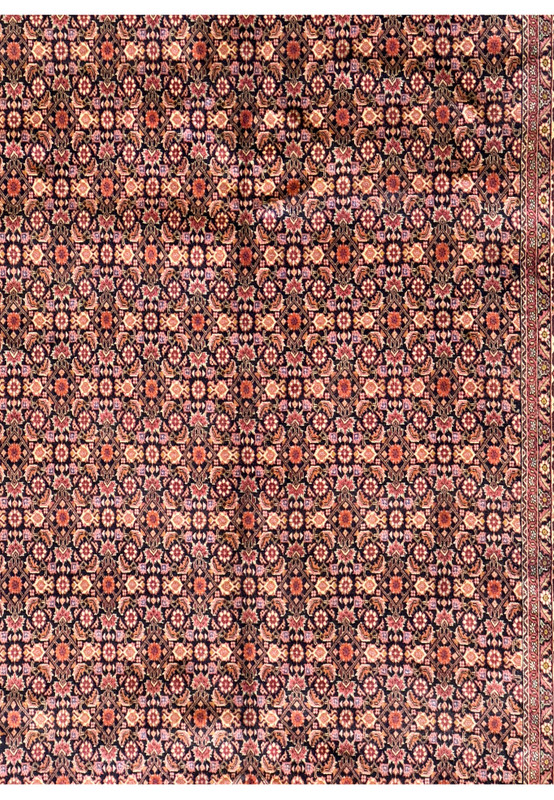 Zoomed into the midfield of this 7x13 Persian Bidjar all over design highlighting the design and colors