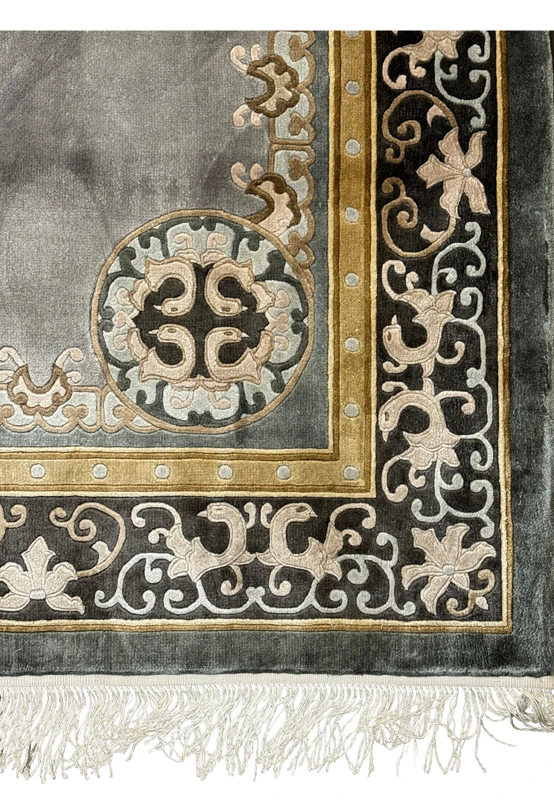 Side angle view of the Art Deco rug, emphasizing the silky sheen and sumptuous wool pile