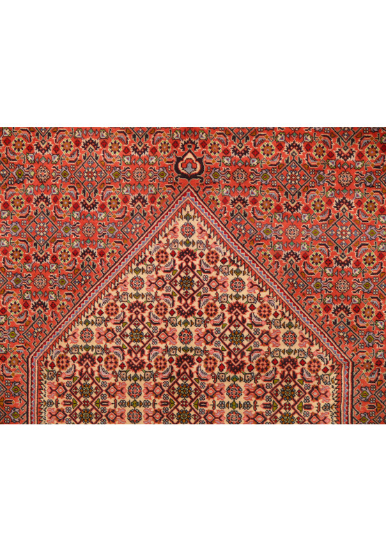A zoomed-in view of the upper medallion and midfield of the Persian rug, with a rich palette of reds, blues, and beige intricacies, the craftsmanship of the weaving providing depth and character to the traditional patterns.