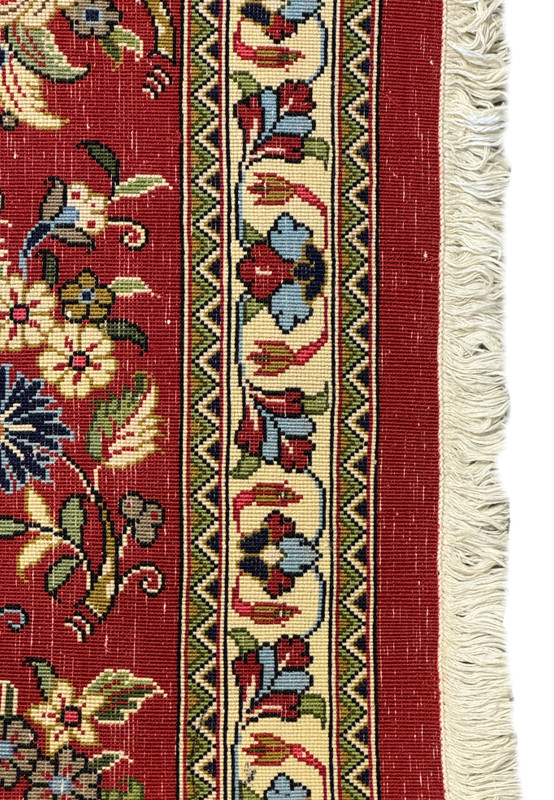 Detailed image of the back weave of a Persian Qum Kork rug, highlighting the precision and meticulous detail in the weave structure, showcasing the skill involved in crafting such a fine piece