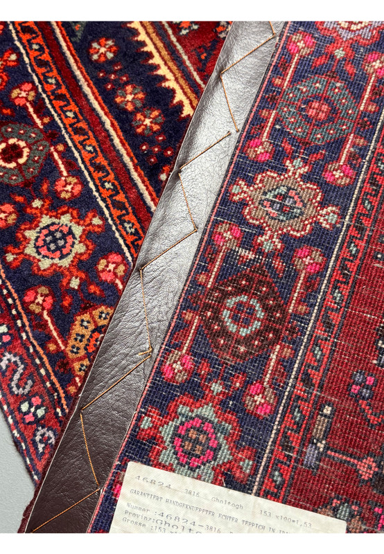 View of the back of a 3'4" x 5'1" Persian Gholtogh Rug, highlighting the dense weave and high-quality craftsmanship. The intricate geometric and floral patterns are visible through the reverse side, showcasing the meticulous hand-knotted construction of this traditional Persian rug