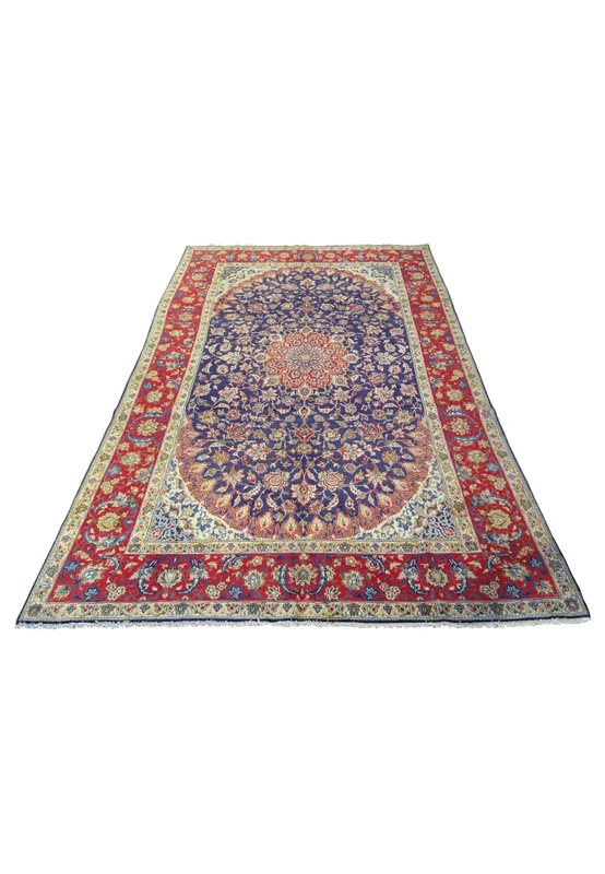 Stunning 10'6 x 15'8 Persian Najafabad Rug displayed flat, highlighting its intricate medallion pattern and vibrant color palette of navy blue, red, gold, and ivory. Hand-woven with high-quality materials, this rug offers both durability and a luxurious aesthetic