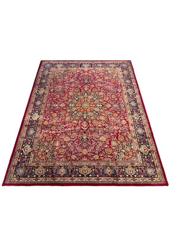 This full-view image of a Persian Mahal rug highlights its comprehensive design, featuring layered borders and a dense floral pattern. Its deep red and blue hues are perfect for enriching your home's aesthetic.