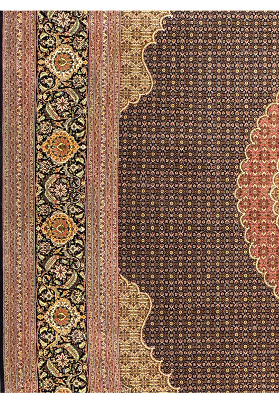 Side view of the 11'7 x 16'6 Persian Tabriz Mahi rug, displaying detailed patterns and high knot density