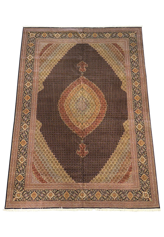 Full view of a 11'7 x 16'6 Persian Tabriz Mahi rug laid down, showcasing intricate patterns and rich colors