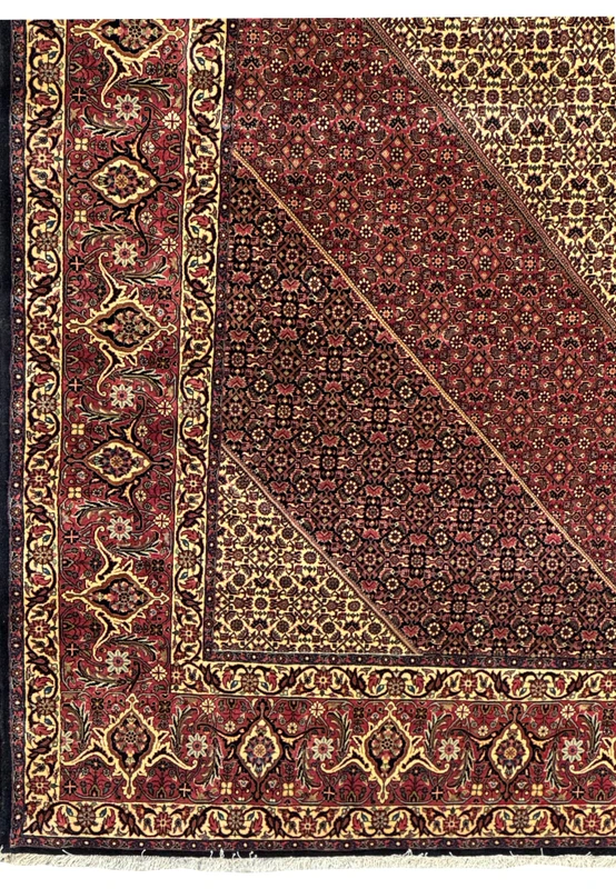 Corner view of a 13x19'7 Persian Bijar Rug highlighting intricate patterns and color details