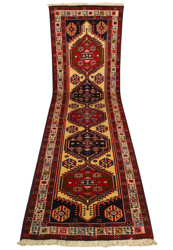 2'7 x 9'6 Persian Yalameh Runner Rug - Angled view highlighting the rug's texture and detailed motifs