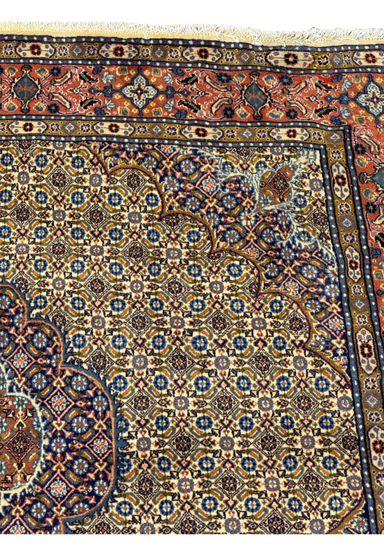 Side view of the Persian Moud Square Rug displaying the dense knotting and fine craftsmanship