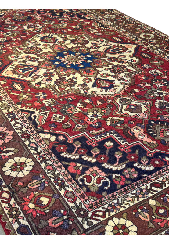 Close-up of the border on the 6'6" x 10' Persian Bakhtiar rug featuring detailed floral and geometric patterns in earthy tones