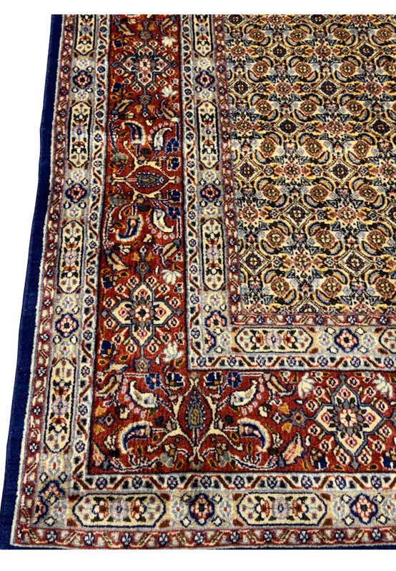 Close-up of the fringe and border on the Persian Moud Rug