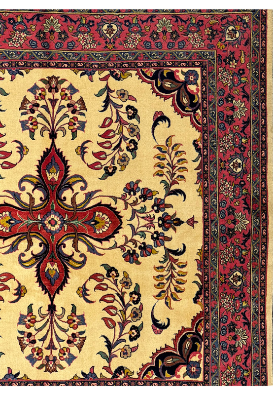 Close-up view of the detailed floral border and design on the Persian Sarough Square Rug.