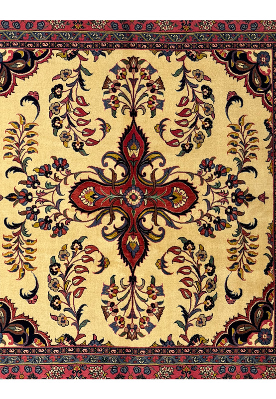 Full spread of the 6'9 x 6'9 Persian Sarough Square Rug, showcasing the overall design, medallion and  patterns.