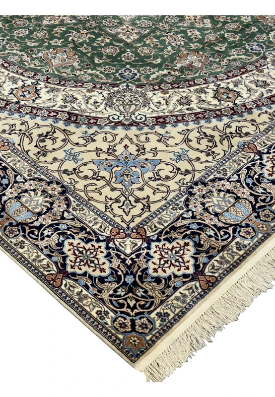 Side view of the 9 x 9 Nain 6LA Persian Rug displaying its thickness and craftsmanship
