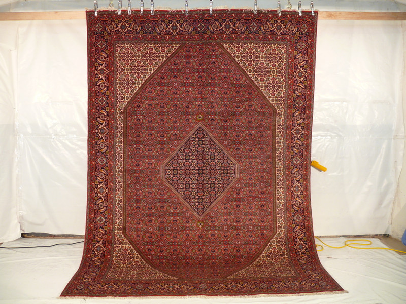 8' x 11'2" Bijar Persian Iron Rug hanging, showcasing intricate floral and geometric patterns.