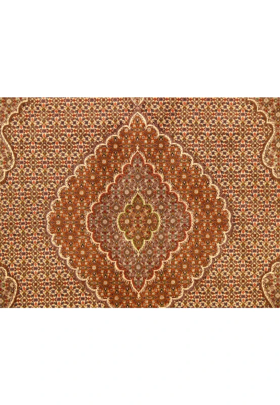 Close-up of the medallion on the 6'8x9'9 Persian Tabriz Mahi Rug, highlighting the intricate motifs and color details.