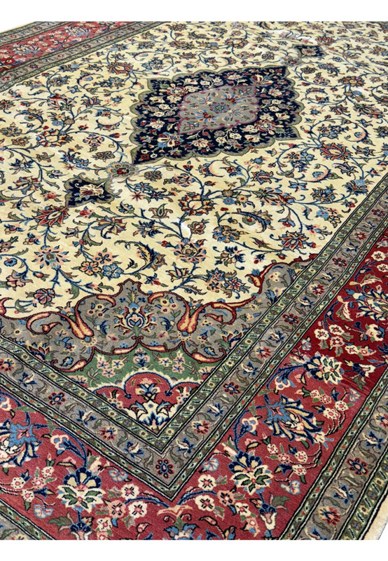 Angled view of 8'2 x 10'7 Persian Qum Kork & Silk Rug highlighting intricate patterns