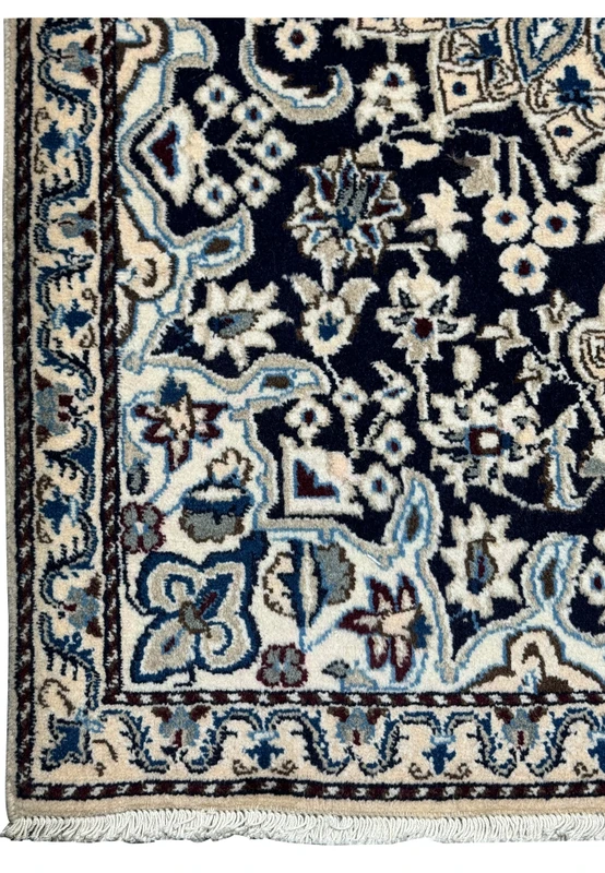 Border detail of the 3x5 Persian Nain rug with elaborate patterns.