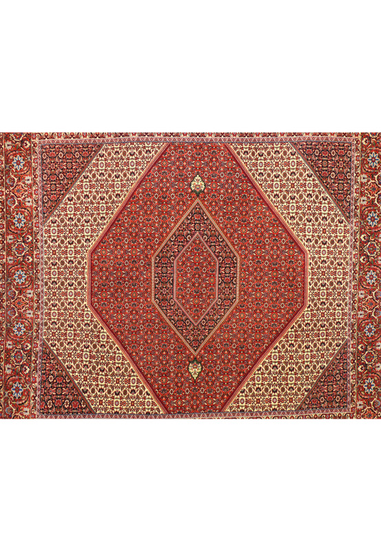 Midfield view of the 8'4 x 8'4 Persian Bijar Square Rug with prominent geometric patterns