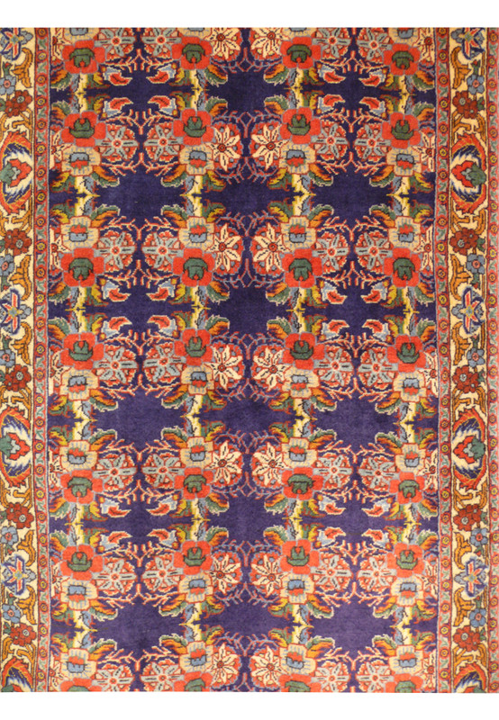 Midfield view of 2'6 x 7 Persian Bijar Runner displaying the central lattice of floral motifs.