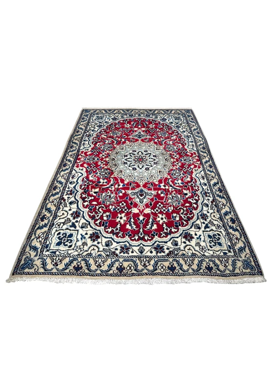 3 x 4.6 Red Nain Persian Rug laid flat showcasing its detailed red, white, and blue patterns