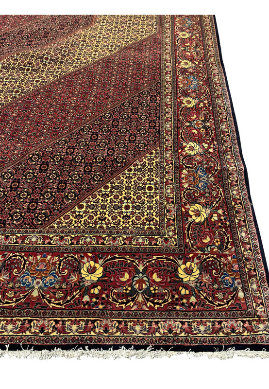 Lower right border of 13 x 20 Persian Bijar Rug with detailed guard border and arabesques.