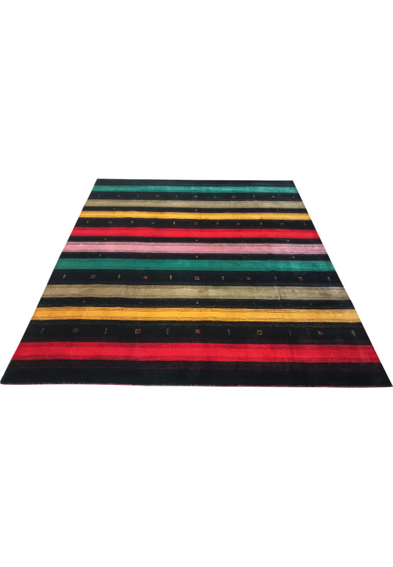 Laid flat 8 x 10 Modern Gabbeh Rug with multi colored stripes.