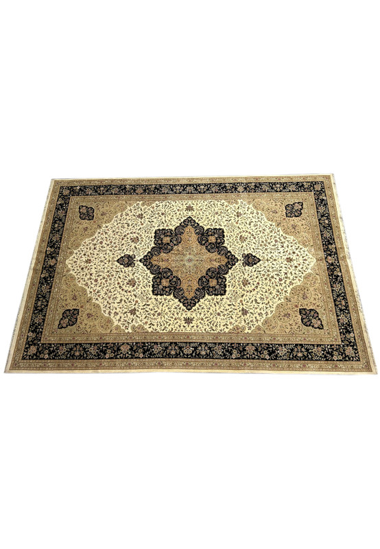 Top View of 12'5 x 18 Persian Tabriz Rug, Emphasizing Complex Design and Color Interplay