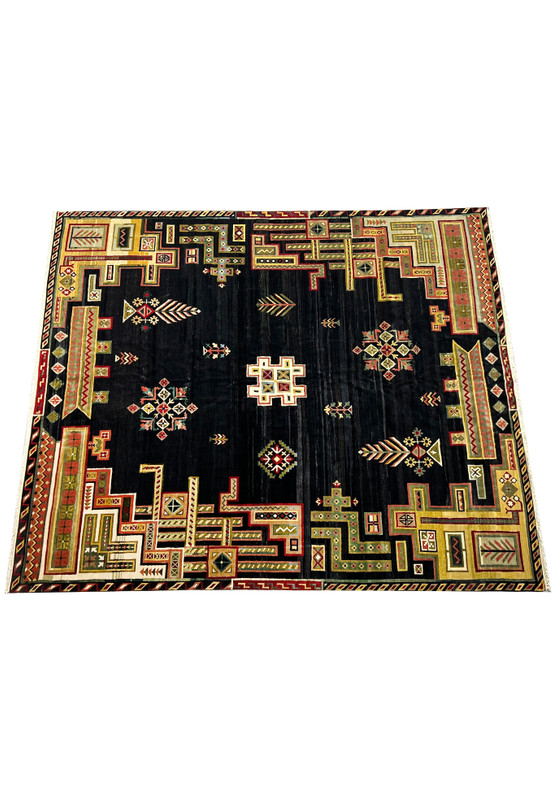 Full view of the 11'9" x 14'4" Modern Tribal Gabbeh Rug laid flat, highlighting its vibrant colors and intricate design.