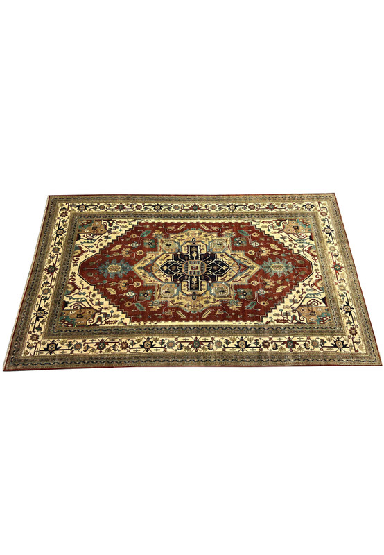 Top view of the 14 x 24 Beige Red Oriental Serapi Rug with bold central medallion design.