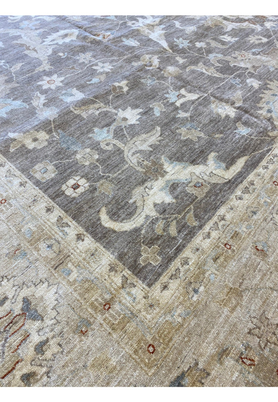 Angled view of 16 x 20 Chobi Peshawar Rug highlighting the detailed floral motifs.