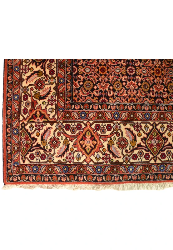 Corner edge of Persian Bijar rug showing ivory border with birds, flowers, and geometric motifs