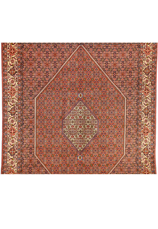Detailed image of rug’s midsection with tight floral motifs and deep red background typical of Bijar craftsmanship