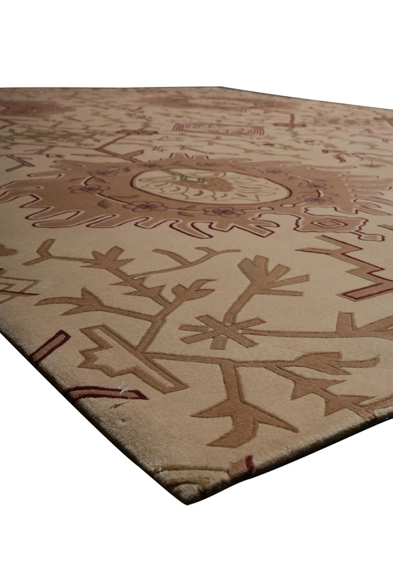 Angled shot of Modern Nepal rug showing soft sheen and contemporary abstract layout