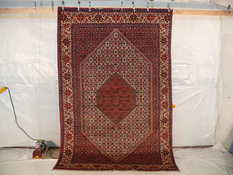 Hanging view of Persian Bijar rug in full, photographed against studio wall.