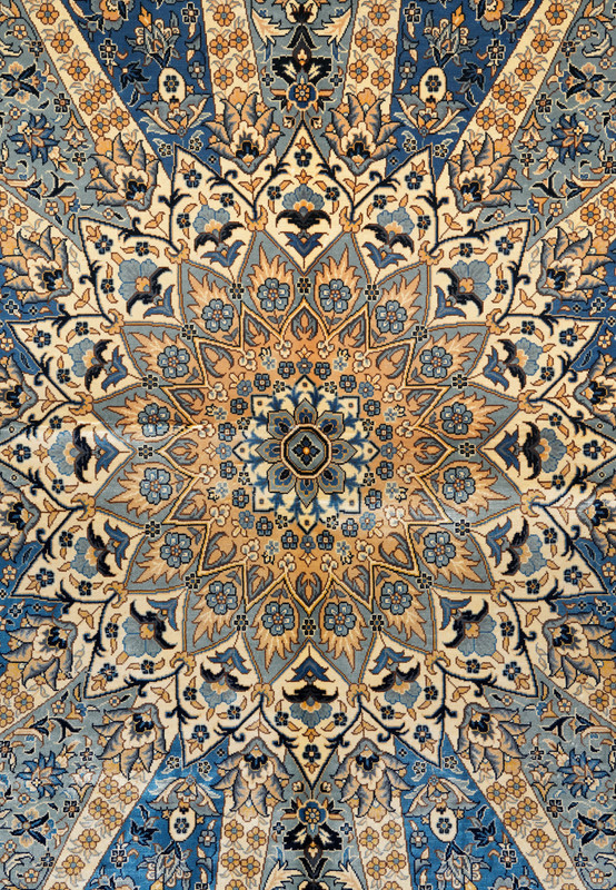 Detailed starburst medallion design on hand-knotted Chinese silk rug, signed collectible