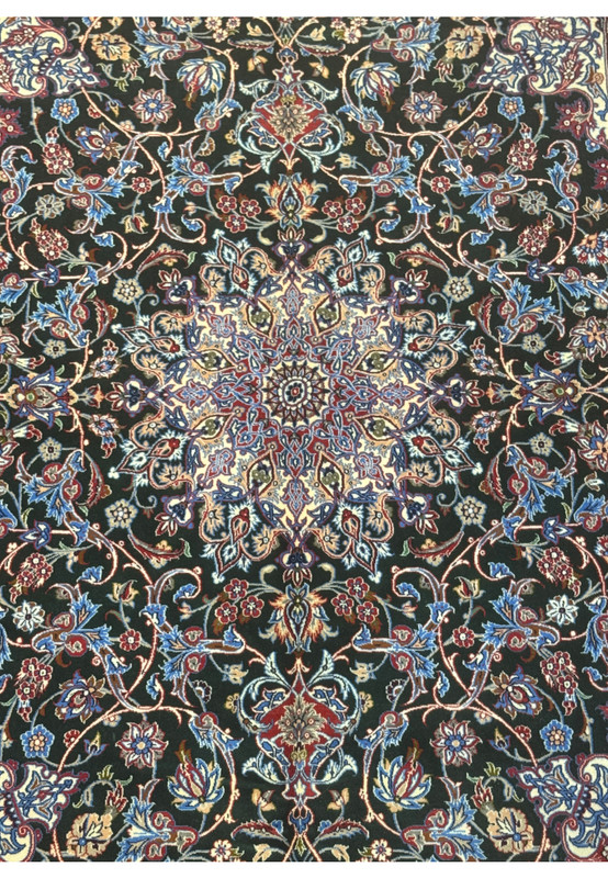 Detailed medallion of Persian Isfahan Seirafian rug with ivory, rose, and golden beige highlights on hunter green field.