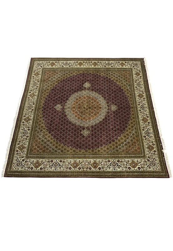 Handmade 10x10 Persian Tabriz 50 Raj rug laid flat, showing intricate medallion, ivory border, and burgundy all-over floral design.
