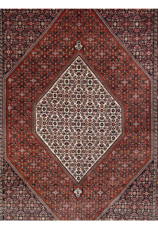 Midfield close-up of Bijar Persian Rug showing brick red ground, ivory floral motifs, and navy accents