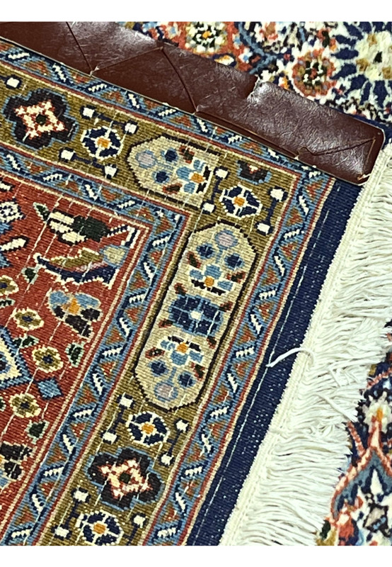 Backside of 6'5 x 6'9 Square Persian Moud rug showing fine hand-knotted weave, precise knot density, and vibrant geometric floral design layout.