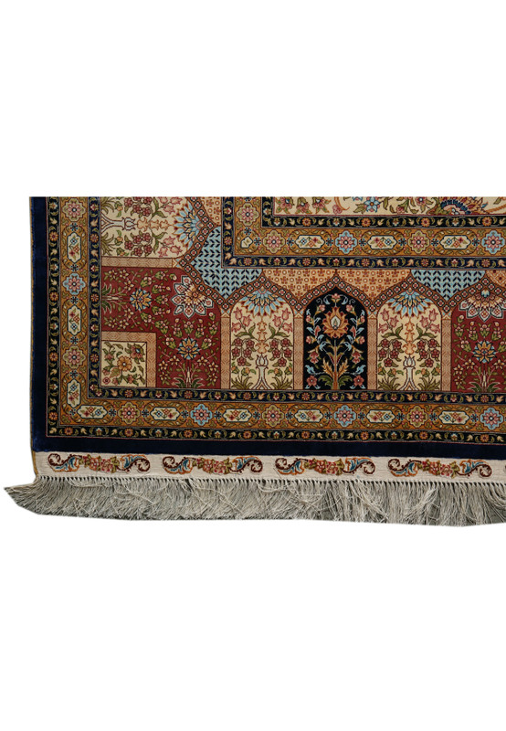 Border section highlighting navy blue and gold floral vines, framed with alternating ivory and coral accents.