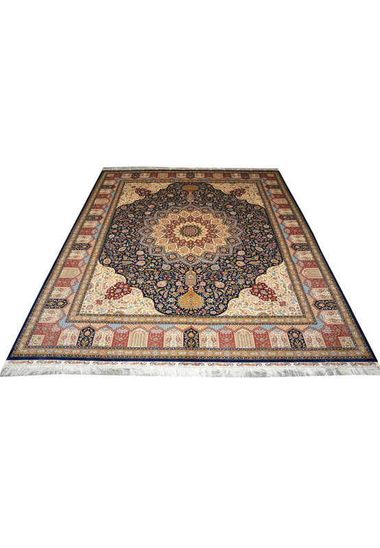 Full laid-down view of an 8x10 Oriental 100% Silk High-End Rug handmade in China, featuring a navy blue medallion on an ivory and gold floral field.