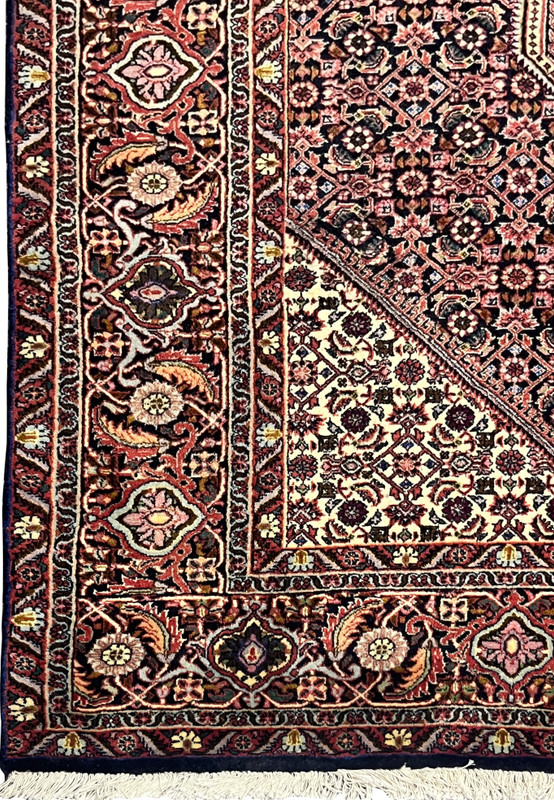 Detailed border view of Bijar Persian rug featuring intricate scrolling vines, small floral medallions, and layered tones of rust, navy, and beige.
